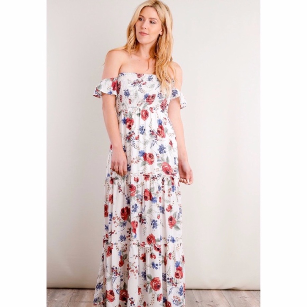 Floral Navy and Red Roses Floral Print Maxi Dress